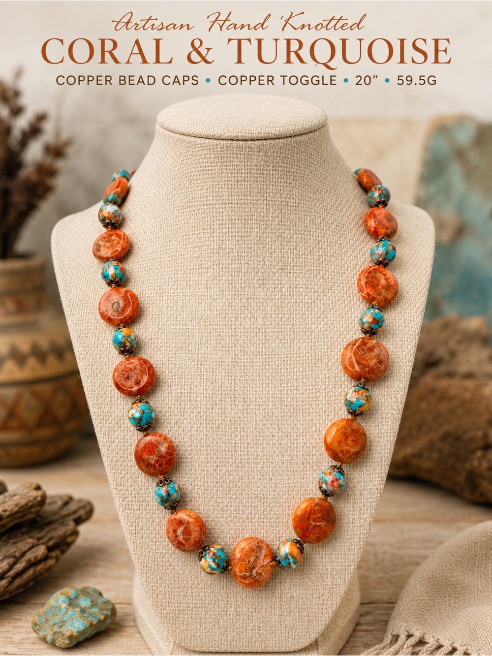 Artisan Hand Knotted Coral Coin Spiny Oyster Turquoise Bead Copper Necklace 20”